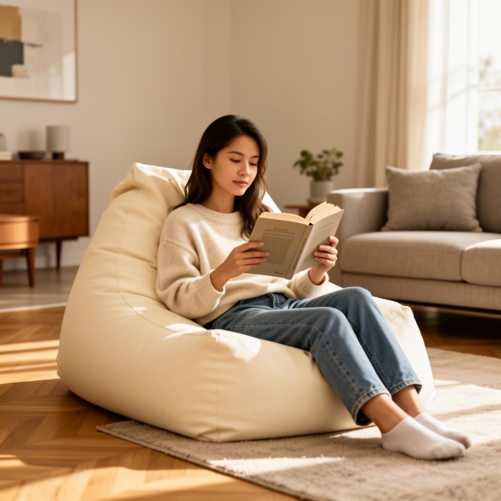 Reader relaxing on a cream cloud sofa